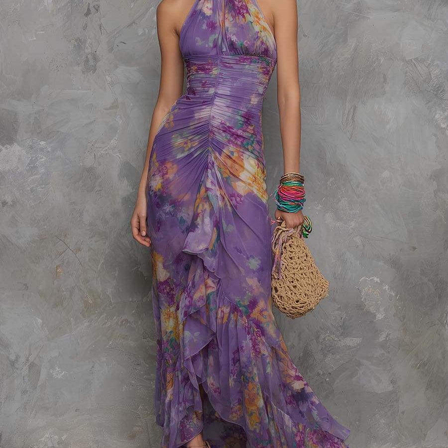 Adalynn - Elegant Purple Floral Chiffon Halter Maxi Dress