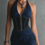 Gloria - Elegant Halter Zipper Ruched Midi Dress