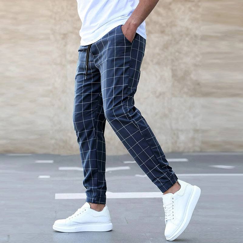 Kelvin men's checked straight leg joggers in Dark Blue, view 3