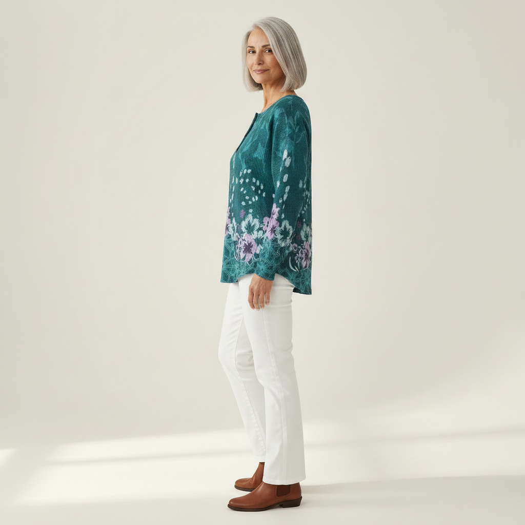 Willow turquoise floral waffle knit sweater, view 4