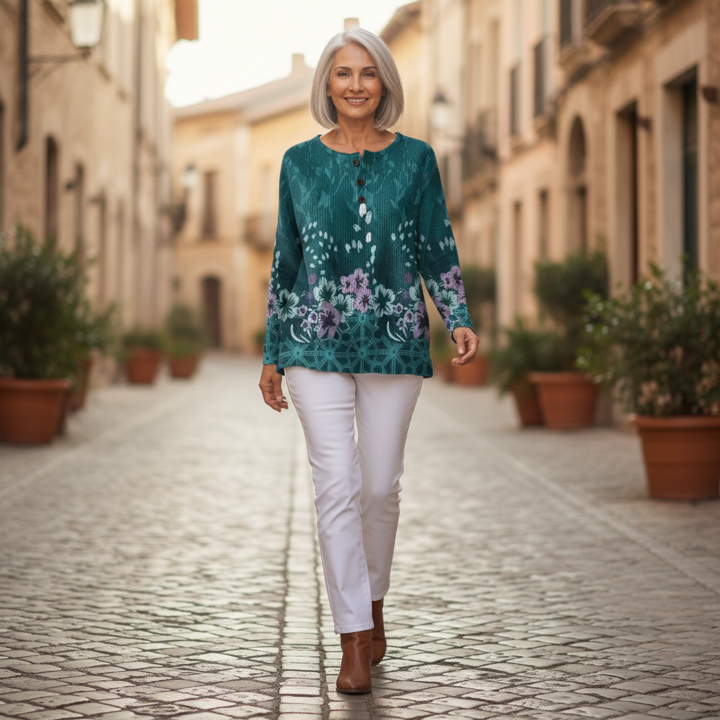 Willow turquoise floral waffle knit sweater, view 6