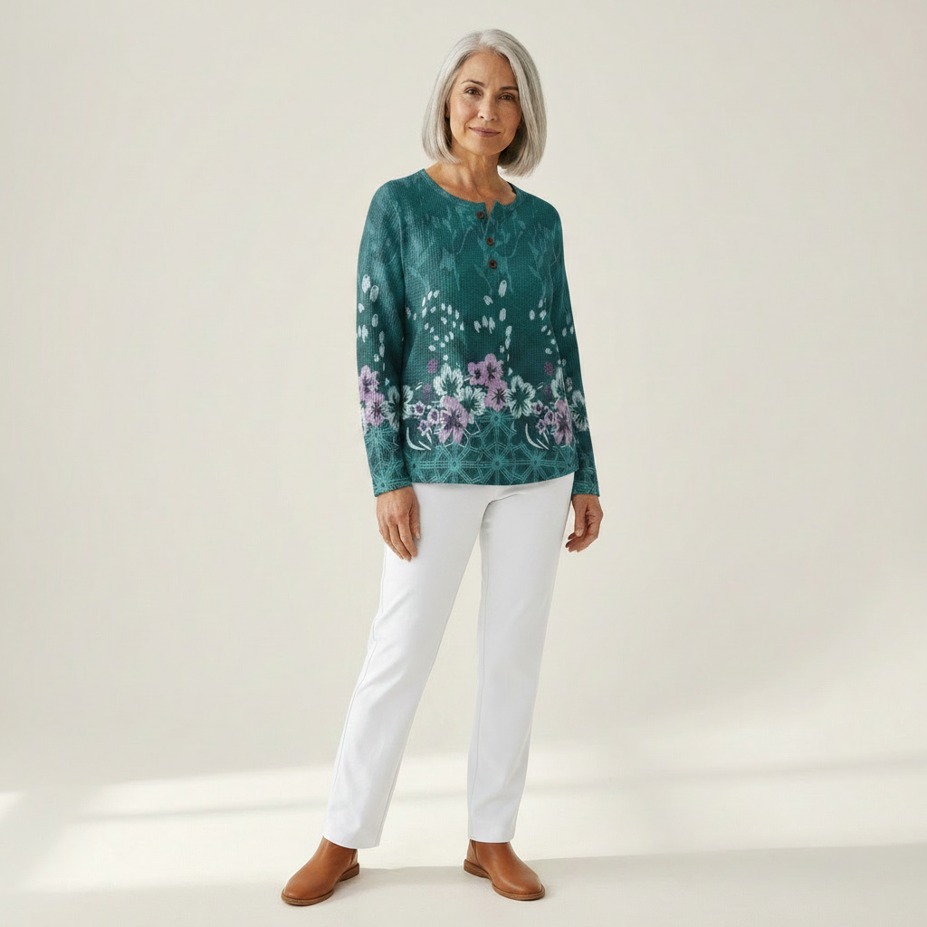 Willow turquoise floral waffle knit sweater, view 3