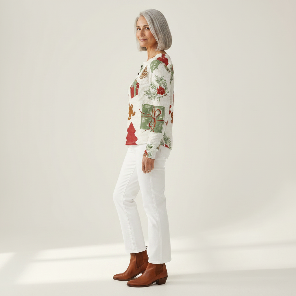 Olivia Christmas tree and gift waffle knit sweater, view 4