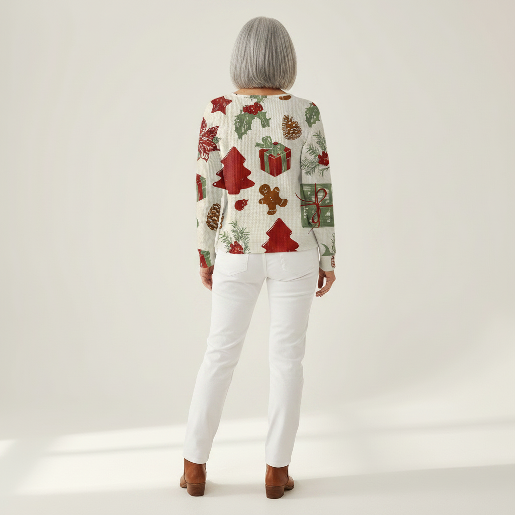 Olivia Christmas tree and gift waffle knit sweater, view 5