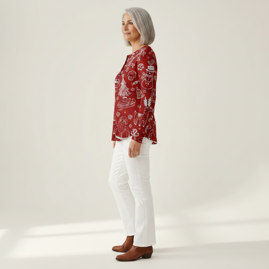 Caroline red Christmas motif waffle knit sweater, view 4