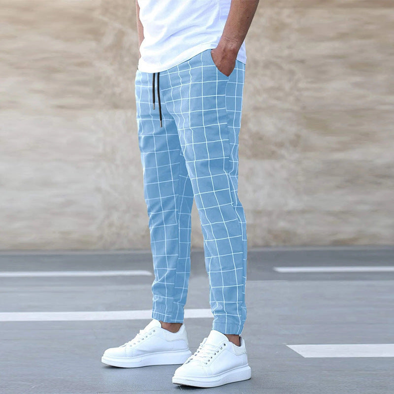 Kelvin men's checked straight leg joggers in Sky Blue, front view