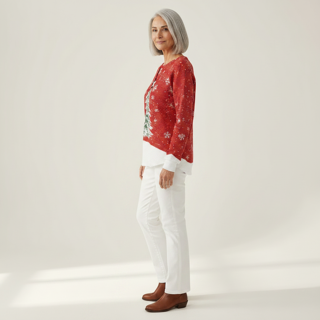 Sadie red Christmas tree waffle knit sweater, view 4