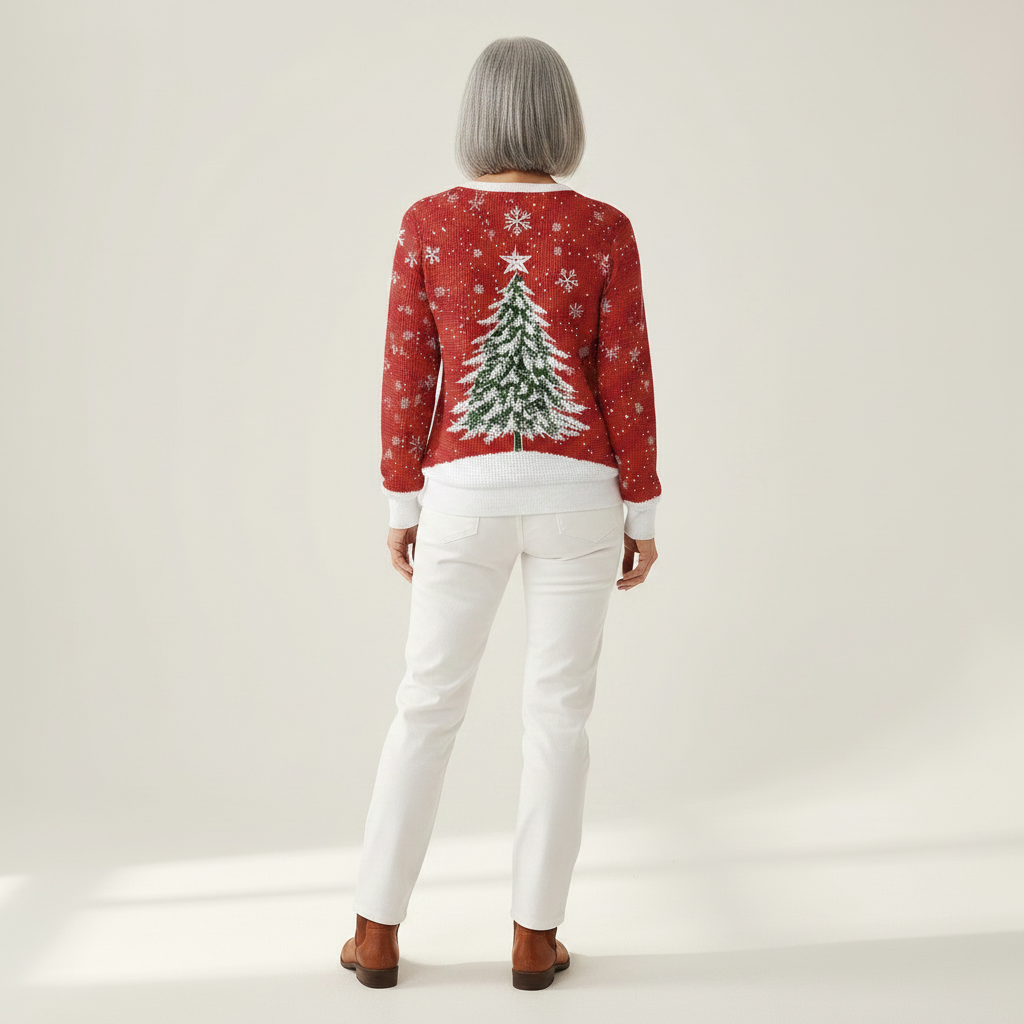 Sadie red Christmas tree waffle knit sweater, view 5