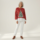 Sadie red Christmas tree waffle knit sweater, view 3