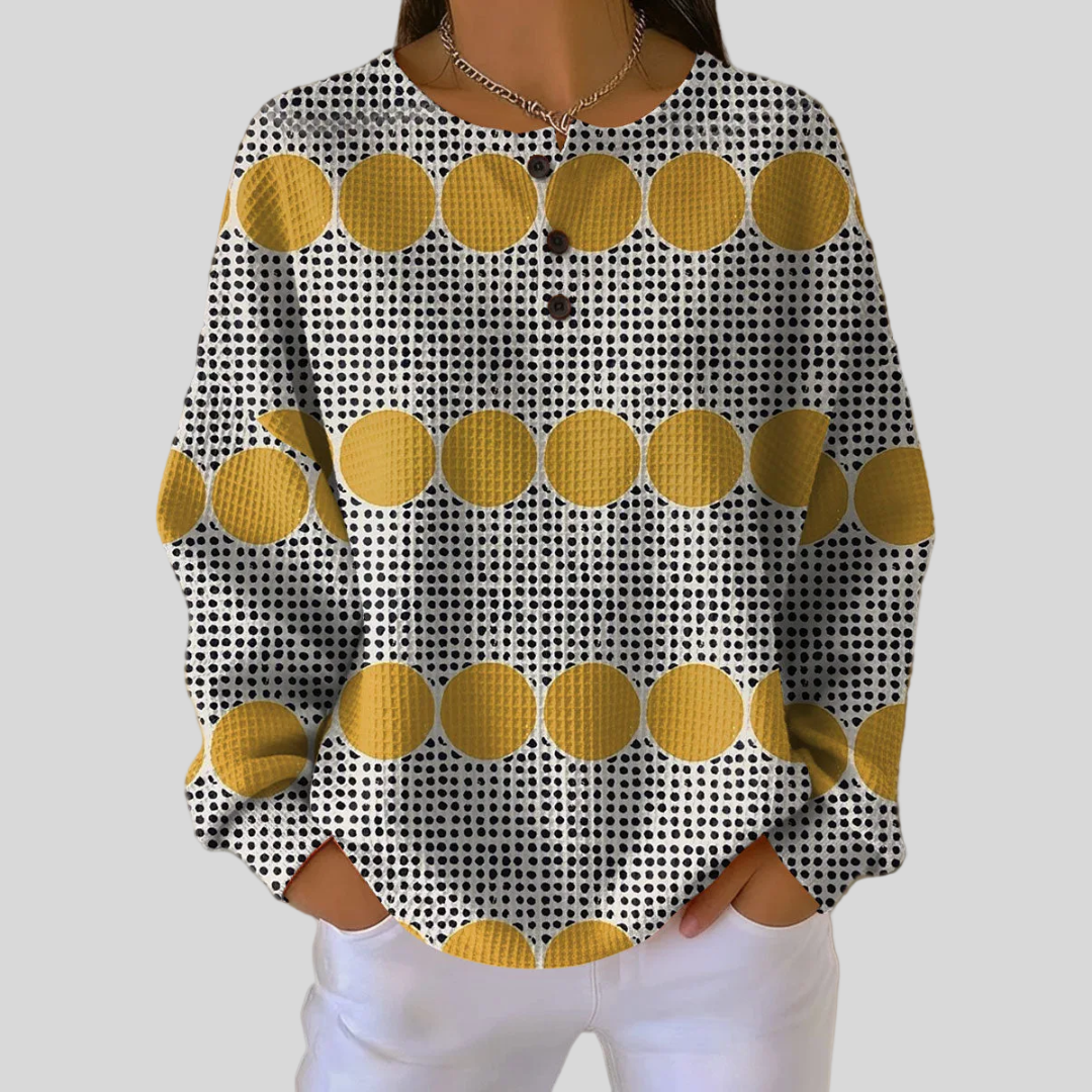 Theresa mustard circle and grid waffle knit sweater, front view