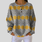 Theresa mustard circle and grid waffle knit sweater, front view