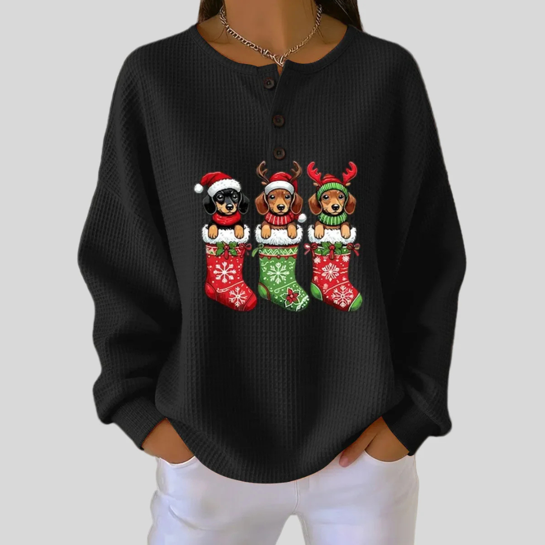 Gabrielle Christmas stocking waffle knit sweater in Black, front view