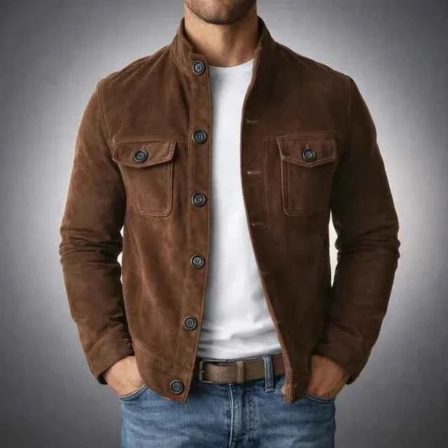 Calvin men's genuine suede trucker jacket in Dark Brown, view 3