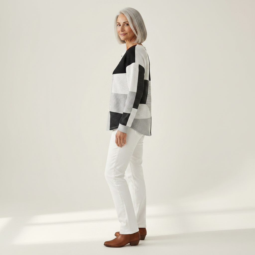 Eleanor black and white patchwork waffle knit sweater, view 4