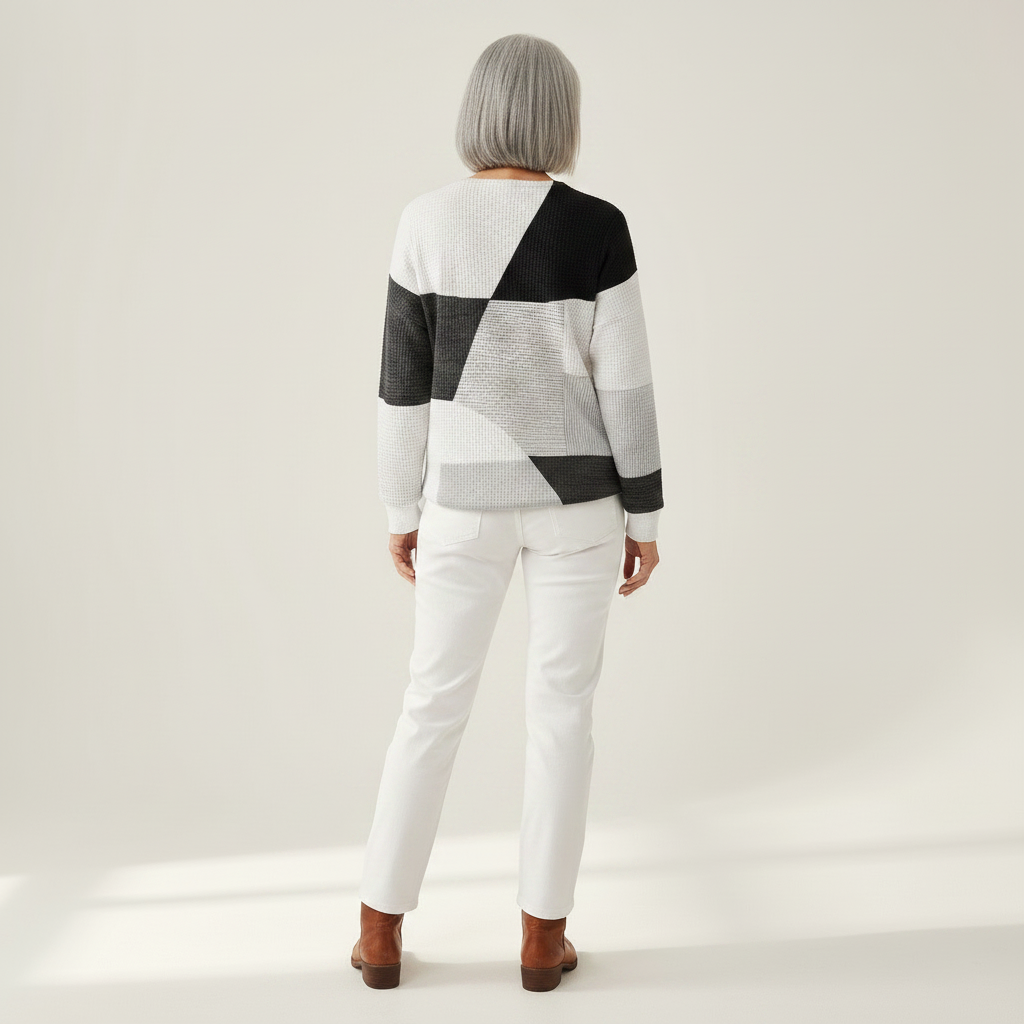 Eleanor black and white patchwork waffle knit sweater, view 5