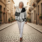 Eleanor black and white patchwork waffle knit sweater, view 6