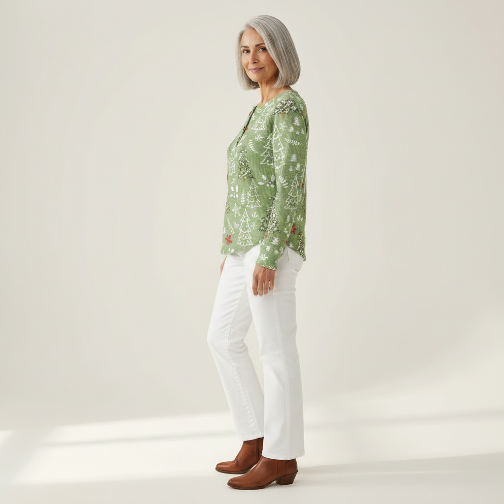 Ivy green Christmas tree waffle knit sweater, view 4