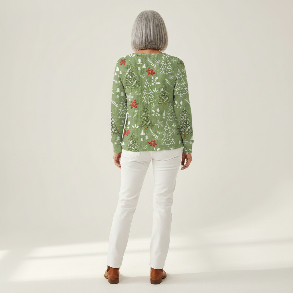 Ivy green Christmas tree waffle knit sweater, view 5