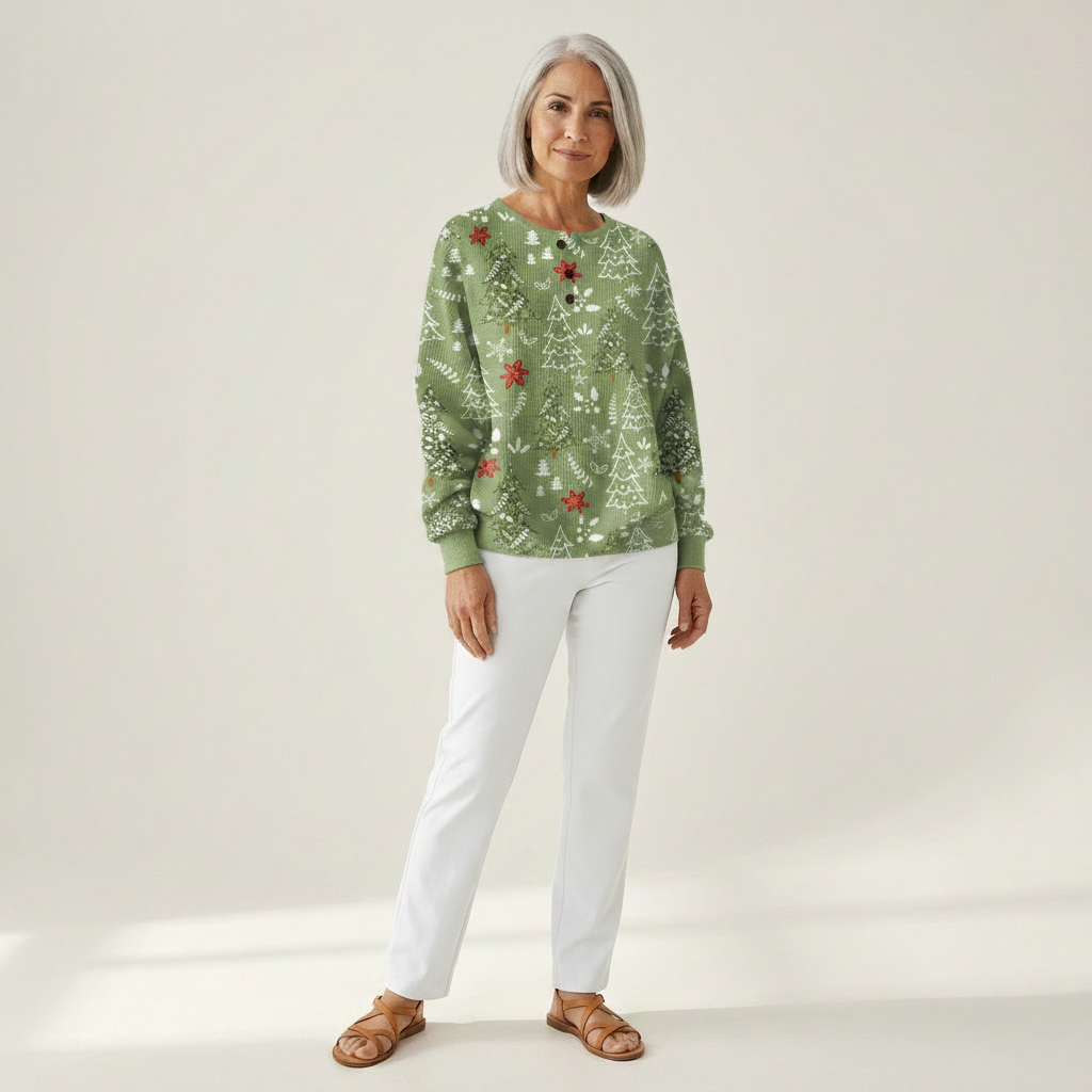 Ivy green Christmas tree waffle knit sweater, view 3