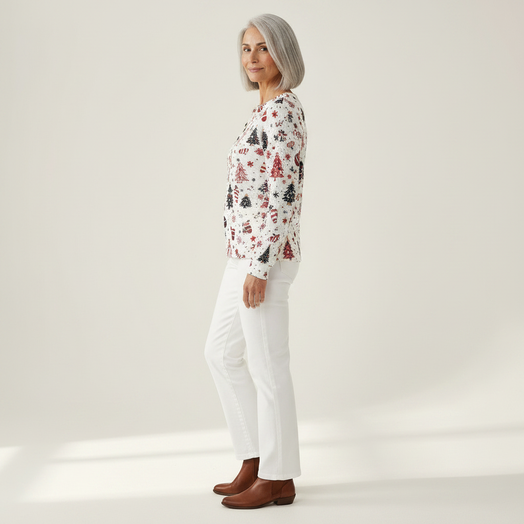 Holly white Christmas tree waffle knit sweater, view 4