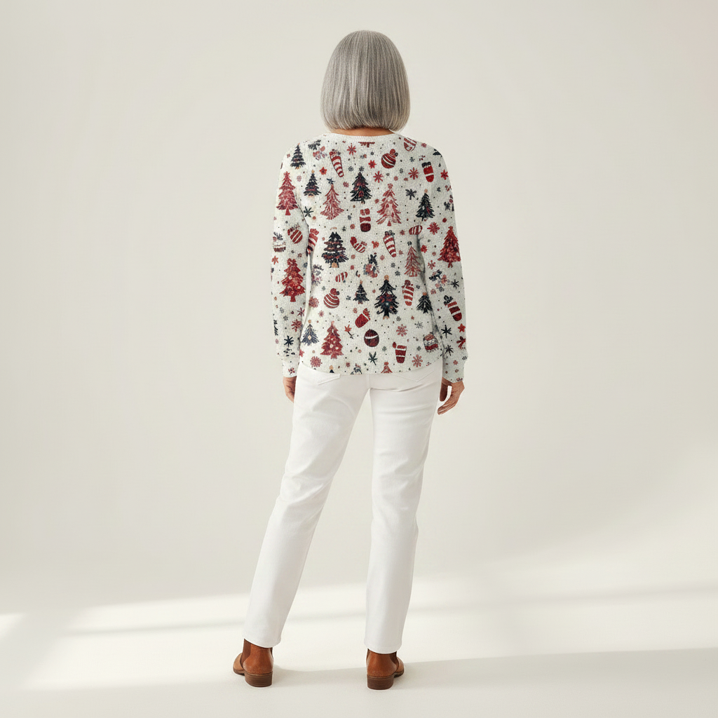 Holly white Christmas tree waffle knit sweater, view 5