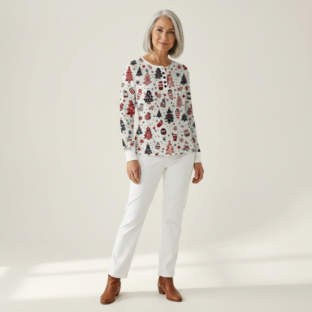 Holly white Christmas tree waffle knit sweater, view 3
