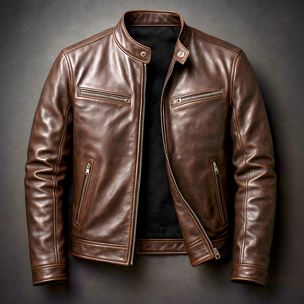 Clayton men's vintage leather moto jacket in Brown, front view
