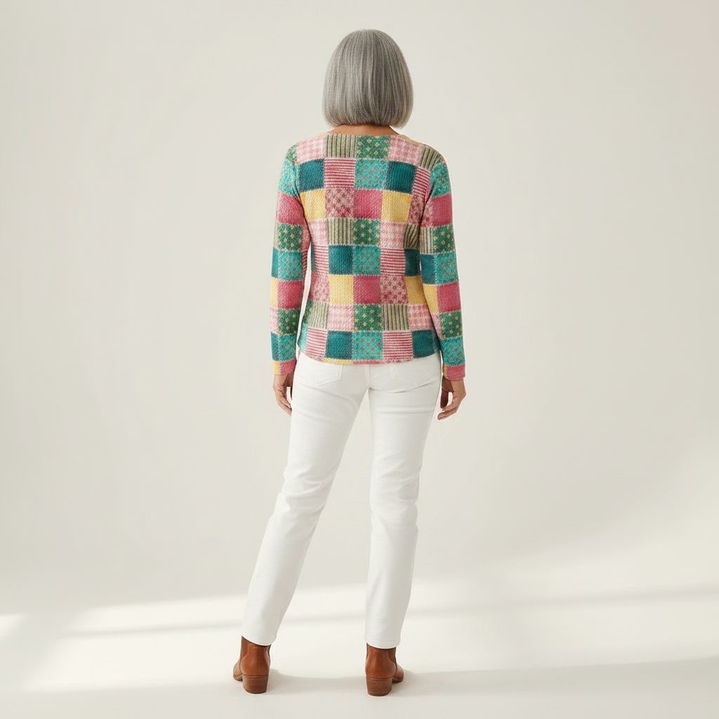 Ruth pink and turquoise patchwork waffle knit sweater, view 5