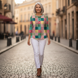 Ruth pink and turquoise patchwork waffle knit sweater, view 6