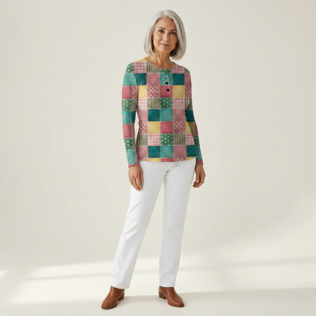 Ruth pink and turquoise patchwork waffle knit sweater, view 3