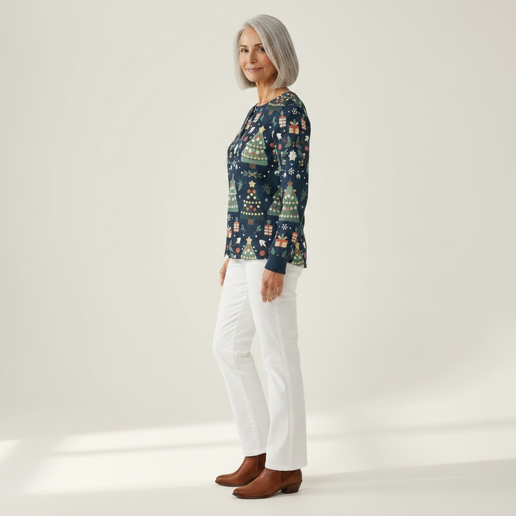 Faye navy Christmas tree waffle knit sweater, view 4