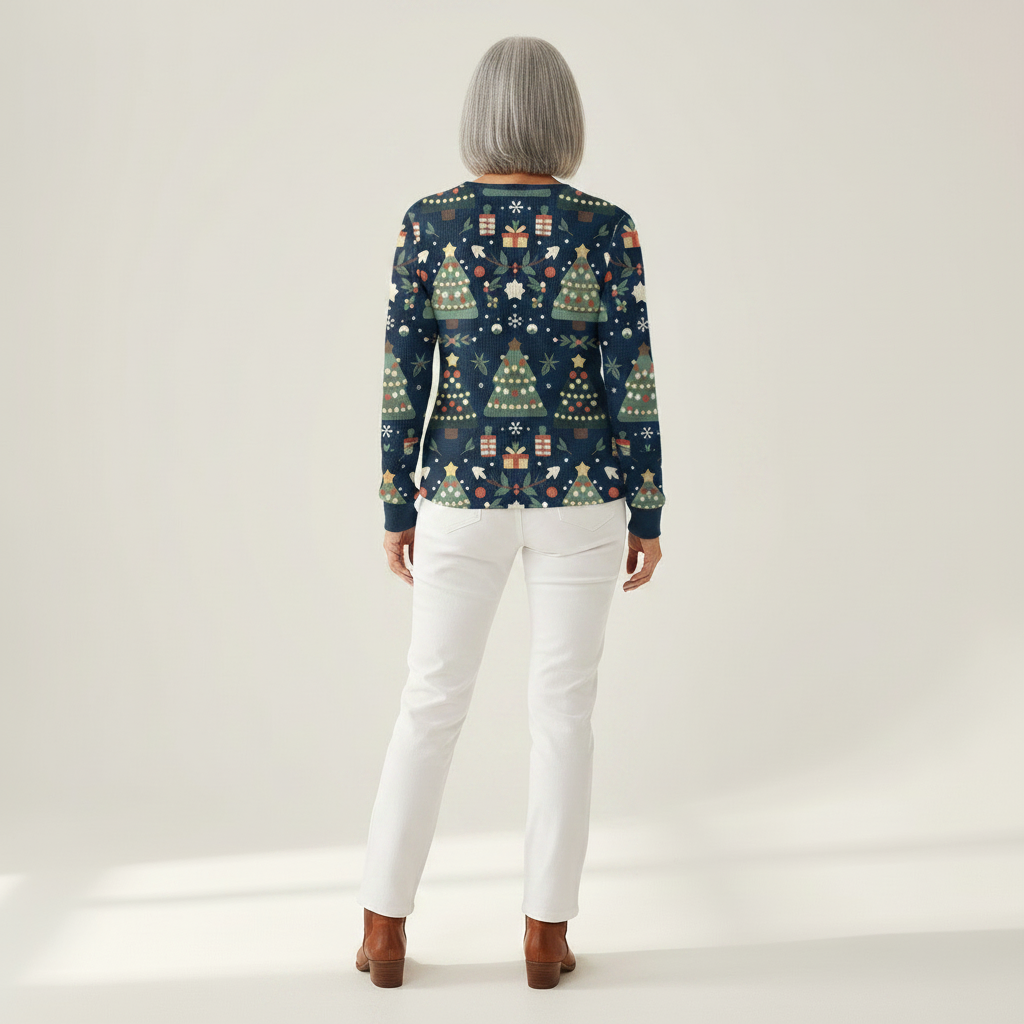 Faye navy Christmas tree waffle knit sweater, view 5