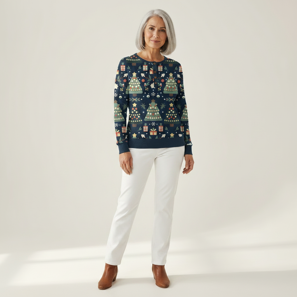 Faye navy Christmas tree waffle knit sweater, view 3