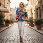 Irene large floral waffle knit sweater, view 6