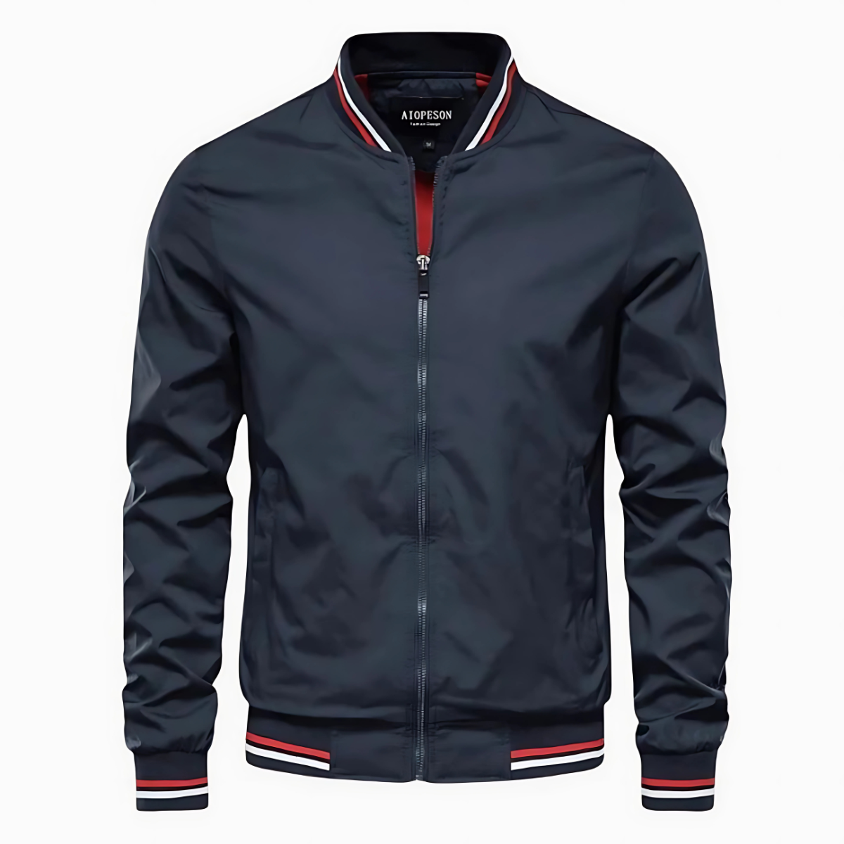 Frank men's striped trim bomber jacket in Navy, front view