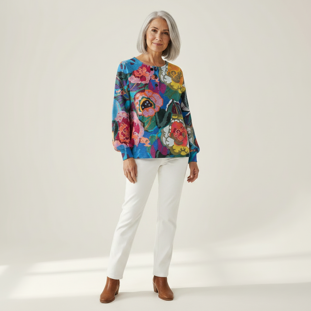 Irene large floral waffle knit sweater, view 3