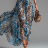 Lauren - Long chiffon dress with leopard print and bare shoulders