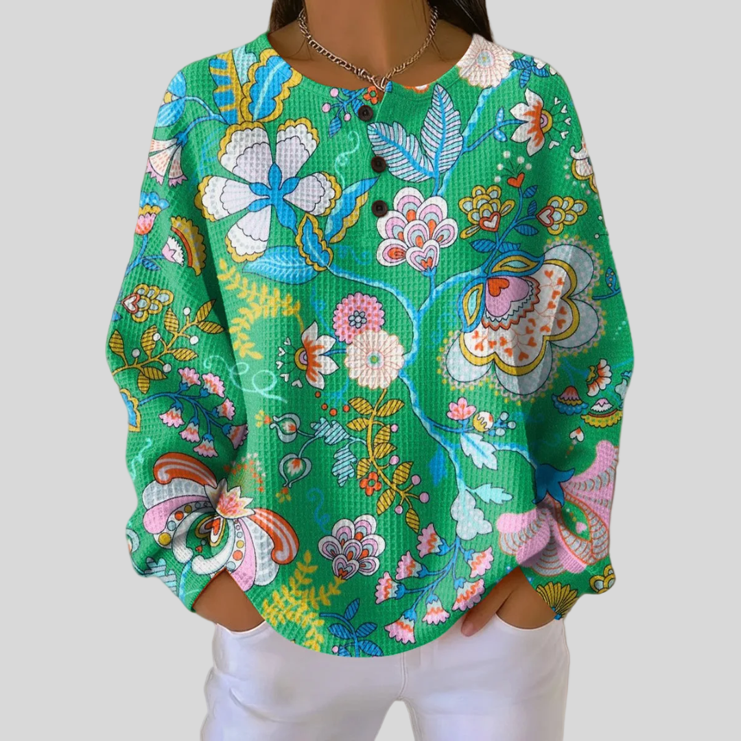 Elaine folk floral waffle knit sweater, front view