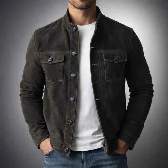 Calvin men's genuine suede trucker jacket in Black, view 4