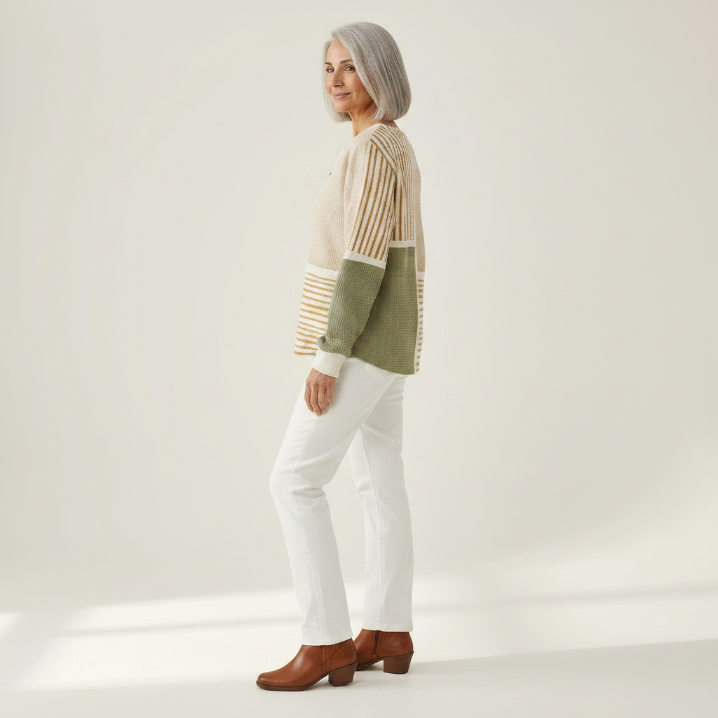Lucy green and mustard patchwork waffle knit sweater, view 4