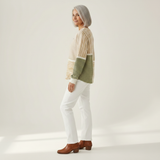 Lucy green and mustard patchwork waffle knit sweater, view 4