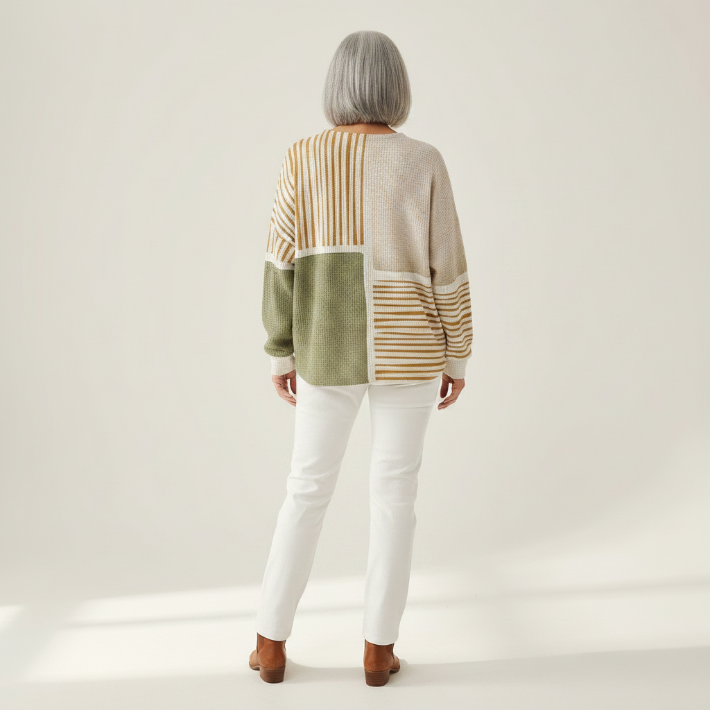 Lucy green and mustard patchwork waffle knit sweater, view 5