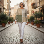 Lucy green and mustard patchwork waffle knit sweater, view 6