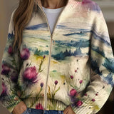 Harriet | Watercolor Thistle Zip-Up Cardigan