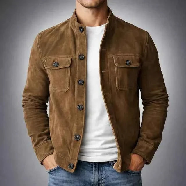 Calvin men's genuine suede trucker jacket in Brown, view 2