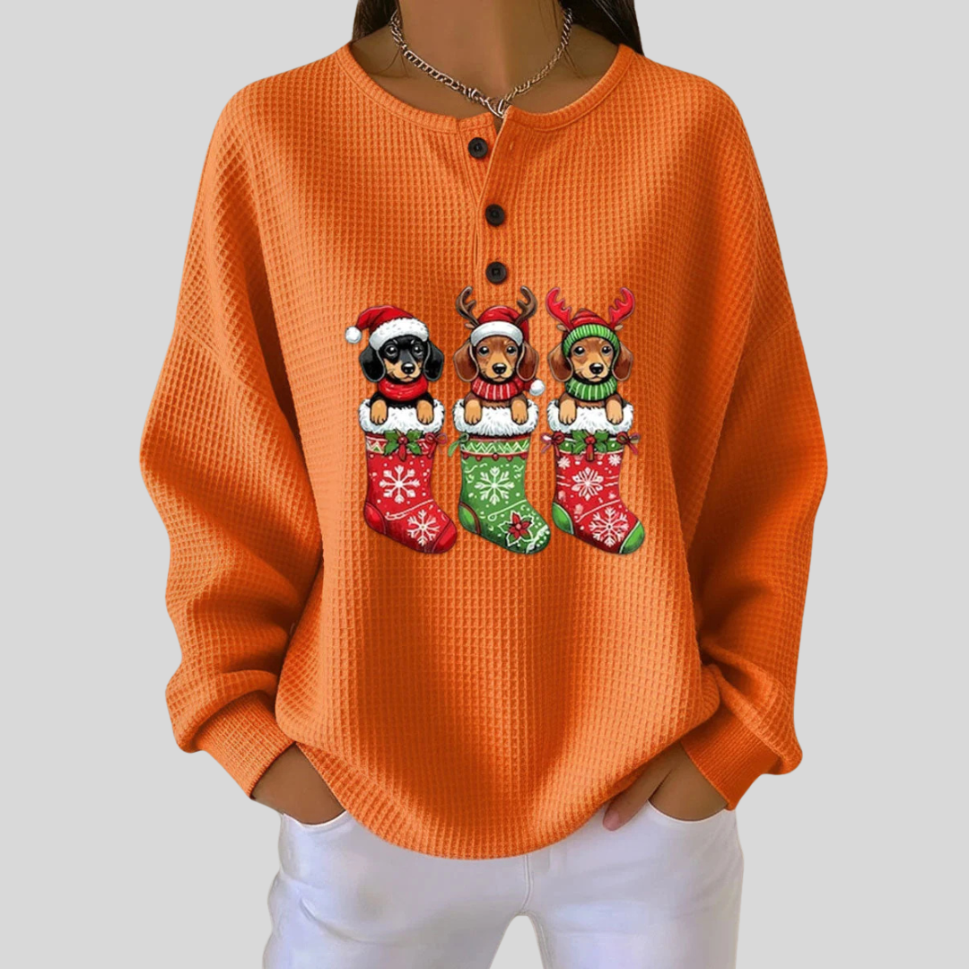 Gabrielle Christmas stocking waffle knit sweater in Orange, view 3