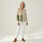 Lucy green and mustard patchwork waffle knit sweater, view 3