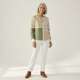 Lucy green and mustard patchwork waffle knit sweater, view 3