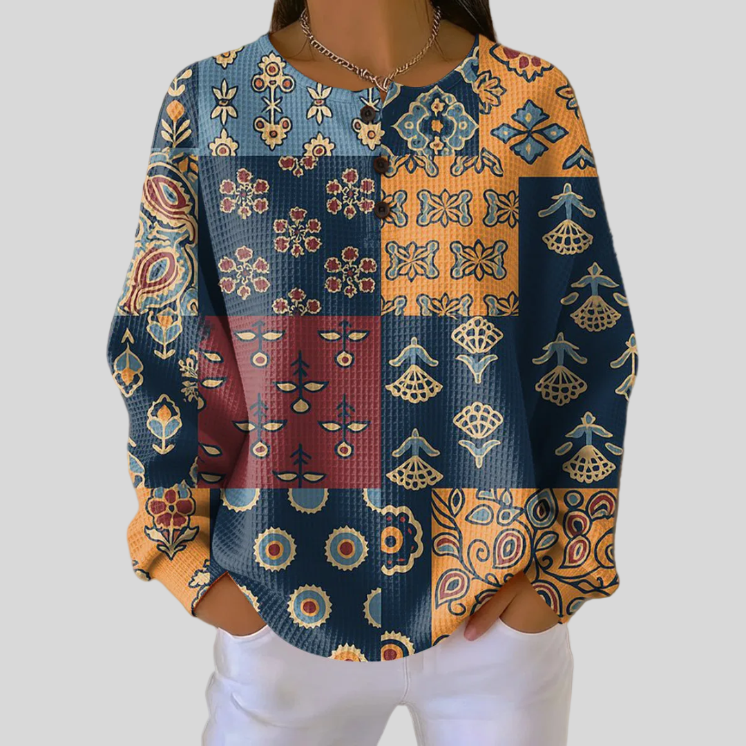 Angela navy folk patchwork waffle knit sweater, front view