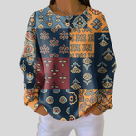 Angela navy folk patchwork waffle knit sweater, front view